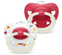 NUK Signature Night Lot de 2 tétines en silicone sans BPA en forme de cœur phosphorescentes dans le noir avec étui pour bébé de 0 à 6 mois Apaise 95% des bébés