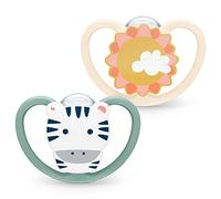 NUK Space Baby - Lot de 2 tétines avec ventilation supplémentaire pour peau sensible - Silicone sans BPA - Motif zèbre et soleil - 18 à 36 mois