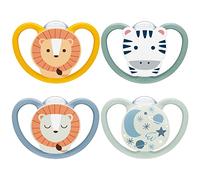 NUK Space Day & Night Tetine pour bébé | 18-36 mois | Sucettes phosphorescentes avec aérations extra-larges pour les peaux sensibles | Silicone sans BPA | Zèbre & Lion | Lot de 4