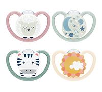 NUK Space Day & Night Tetine pour bébé | 6-18 mois | Sucettes phosphorescentes avec aérations extra-larges pour les peaux sensibles | Silicone sans BPA | Zèbre & Mouton | Lot de 4