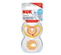 NUK Space Lot de 2 tétines - 6 à 18 mois - Avec ventilation supplémentaire pour peaux sensibles - Silicone sans BPA - Lion et soleil