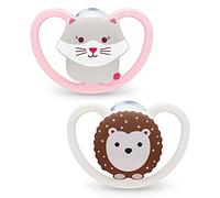 Nuk Space - Lot de 2 tétines avec ventilation supplémentaire - Silicone sans BPA - Ventilation supplémentaire - Chat et hérisson - 0 à 6 mois