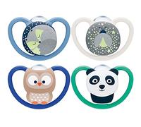 NUK Space Night & Day Tétines | 6-18 mois | Sucettes pour bébé phosphorescentes avec aérations extra-larges | Silicone sans BPA | Bleu | 4 unités