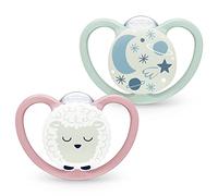 NUK Space Night Lot de 2 tétines phosphorescentes pour bébé de 6 à 18 mois avec ventilation supplémentaire pour peau sensible Silicone sans BPA Mouton et lune