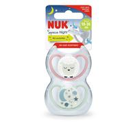 NUK Space Night Sucettes pour bébés | 18-36 mois | Sucettes lumineuses dans le noir avec ouvertures supplémentaires pour peaux sensibles | Silicone sans BPA | Mouton | 2 pièces