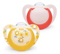 NUK Star Baby Lot de 2 tétines en silicone sans BPA - 18 à 36 mois - Apaise 99% des bébés - Motif fleurs jaunes