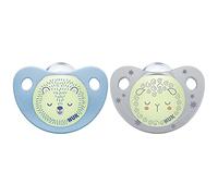 NUK Trendline Night Sucettes pour Garçon, Taille 2, 6-18 Mois - Bleu/Blanc transparent - Set de 2