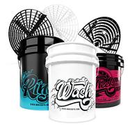 Nuke Guys Lot de 3 seaux de lavage pour appliquer la méthode de lavage avec 3 seaux, Contient 1 seau de lavage de 20 L. pour shampooing de voiture + 1 seau de rinçage de 20 L pour rincer + 1 seau pour roues de 12 L pour les jantes + 2 inserts GritGuard + planche de lavage