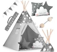 Nukido Tente pour Enfant Tipi - en Coton Cadre Bois Design enchanteur Facile à Nettoyer 120 x 165 cm Guirlande Lumineuse Grise, Gris avec Étoiles, Guirlandes, (740020)