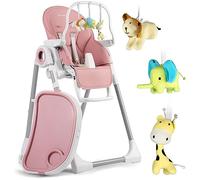 Nukido Chaise haute rose Belo + Bandeau avec jouets - Plateau amovible - Réglage de la hauteur à 8 vitesses - 2 roulettes intégrées - Dossier et Repose-pieds réglables - Facile à nettoyer