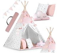 Tente d'activité - RICOKIDS - Modèle 1 - Coton et Bois de pin - 120x120x165 cm - Rose et Blanc