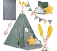 Nukido Tipi Enfant avec Tapis Intérieure Et Extérieure Tente De Jeu 3 Coussins Et Girlande Développement Sensoriel Décoration De Chambre d'enfants Vert
