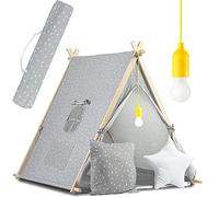 Nukido Teepee Tent for Children Made of Cotton - Indoor and Outdoor Toy - Window Two Cushions - Insulated Mat - LED Lamp - Wigwam Indian Tent Poplar Wood 116 x 107 x 110 cm Grey