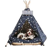 NUKied Tentes tipi pour Animal Domestique, 61 cm, lit tipi d'intérieur Portable avec Coussin épais, Lavable, Motif étoiles Bleu Marine, pour Chiot et Chat