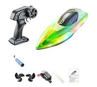NULA Bateau télécommandé pour piscine, lac et étang, bateau télécommandé 15 km/h, véhicule aquatique avec coque lumineuse LED, double moteur et auto-montage pour adultes, vert, 1 batterie