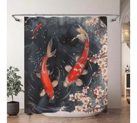 Nulpen Rideau de Douche décoratif Chinois-Japonais avec Peinture à l'encre Koi, Fleurs de Cerisier Rouges, Vagues et Poissons (193 x 214 cm/L x H)