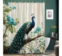Nulpen Rideau de Douche Paon, Fleurs épanouies, Aquarelle botanique, Création Artistique, Polyester, Décoration de Salle de Bain (100 x 190 cm/L x H)
