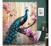 Nulpen Rideau de Douche Paon, Fleurs épanouies, Aquarelle botanique, Création Artistique, Polyester, Décoration de Salle de Bain (180 x 203 cm/L x H)