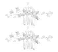 NULYLU Lot de 2 peignes à fleurs élégants, accessoires pour cheveux en pâte polymère blanche avec rose et perle, style vintage, parfaits pour les coiffures de mariage, de bal et de mariée.