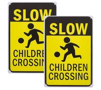 NULYLU Panneau de Signalisation en Fer Jaune 2pcs pour Zones Résidentielles et Écoles, Panneau Avertissement Garçon et Filles Jouant, Résistant aux Intempéries pour Sécurité Routière