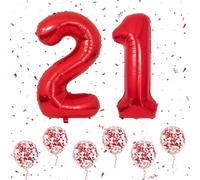 Number 21 Balloons Red, Large Number 1 And 2 Balloons 40 Inch With 6 Red Helium Confetti Balloons, 21St 12Th Birthday Balloon For Girls Boys Romantic Birthday Parties