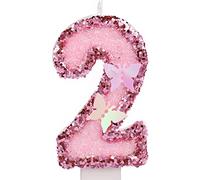 Numéro d'Anniversaire 7,5 cm Bougies Roses Scintillantes Papillon avec Paillettes - Cake Topper pour les Fournitures de Célébrations d'Anniversaire (Numéro 2)