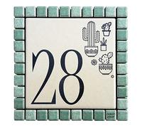 Numéro de maison en céramique gravée + cadre de mosaïque couleurs vert et blanc thème cactus