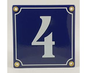 Numéro de maison en émail N° 4 Bleu/blanc "Fait à la main" avec vis et chevilles pour montage