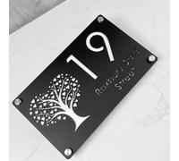 Numéro de maison personnalisé en acrylique découpé au laser, panneau d'arbre de vie personnalisé, plaque d'adresse (noir blanc, 50 x 25 cm)