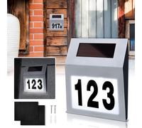 Numéro de maison solaire XMTECH Numéros de maison éclairés par LED avec 2 LED Lampe solaire pour numéro de maison Applique murale LED avec interrupteur crépusculaire, Argent