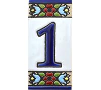 Numéro Maison. Carreaux céramique Peints à la Main avec Technique Corde sèche (cuerda seca). Noms, Directions et signalisation. Dessin Flores Mini 7,3 cm x 3,5 cm. (NUMÉRO Un 1")