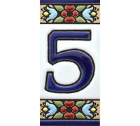 Numéro Maison. Carreaux céramique Peints à la Main avec Technique Corde sèche (cuerda seca). Noms, Directions et signalisation. Dessin Flores Mini 7,3 cm x 3,5 cm. (NUMÉRO Cinq 5")