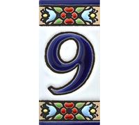 Numéro Maison. Carreaux céramique Peints à la Main avec Technique Corde sèche (cuerda seca). Noms, Directions et signalisation. Dessin Flores Mini 7,3 cm x 3,5 cm. (NUMÉRO Neuf 9")