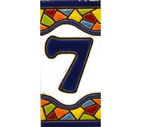 Numéro maison. Écriteaux avec numéros et lettres. Carreaux de céramique polychromée, peints à la main dans technique corde sèche (cuerda seca) pour plaques avec numéros, noms, directions et signalisation. Un texte personnalisable. Dessin MOSAICO MINI 7,3 cm x 3,5 cm. (NUMÉRO SEPT "7")