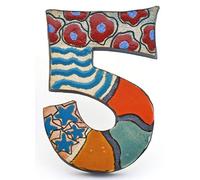 Numéro Maison. Numéro 5" décorative de céramique Faite et Peinte à la Main avec décoration Foc-Art Multicolore. 16 cm x 11 cm x 1,5 cm