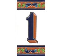 Numéros de maison, carreaux de chiffres et lettres en céramique, motif floral marron, bleu et vert, dimensions : 15 cm x 7,5 cm, 2 à 8 cadres carreaux (numéro 1)