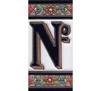 Numéros de maison en céramique avec chiffres et lettres - Motif floral rouge, bleu et vert - Dimensions : 11 cm x 5,5 cm - Cadres pour 2 à 7 carreaux (sans signe)