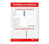 Numéros d'urgence en entreprise - Panneau d'affichage - Plastifié et effaçable - Kit de fixation inclus (pastilles adhésives) - Fabriqué en France