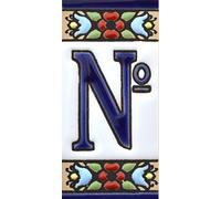 Numéros et Lettres. Carreaux céramique Peints à la Main avec Technique Corde sèche (cuerda seca). Noms, Directions et signalisation. Dessin Flores Mini 7,3 cm x 3,5 cm. (Symbole NUMÉRO Nº)