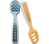 NumNum GOOtensils Cuillère Bébé 1er Âge - Étape 1+2 Silicone Cuillere Bebe Apprentissage 6+ Mois - Idéale Couvert pour Diversification Alimentaire Bébé et Autonomie - Sans BPA - Lot de 2 (Bleu/Orange)
