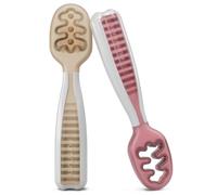 NumNum GOOtensils Cuillère Bébé 1er Âge - Étape 1+2 Silicone Cuillere Bebe Apprentissage 6+ Mois - Idéale Couvert pour Diversification Alimentaire Bébé et Autonomie - Sans BPA - Lot de 2 (Beige/Mauve)