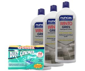 Nunca Lot de 3 boîtes de nettoyage pour sols Winto Gres, 1 l + 50 chiffons électriques attrape-poussière 22 x 29 cm.