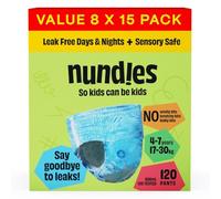 Nundies Lot de 8 x 15 couches jetables pour enfants et adolescents, protection contre les fuites, contrôle des odeurs, sous-vêtements doux et ajustés pour garçons et filles, taille M (4-7 ans)