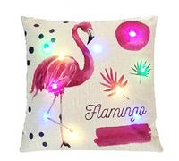 Nunubee Housse de Coussin Motif Flamant LED Lumières colorées Party Décoration de Vacances Matériel de Lin Coussin Decoration canape Deco canapé, Flamants Roses 5 45 * 45CM