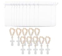 NUOBESTY 10 ensembles Lot de Chapelets de Baptême Bois Perles Naturelles Bracelet de Prière Portable avec Crucifix Blanc Pochette Filet pour Invités pour Baptêmes et Showers