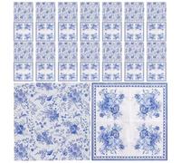 NUOBESTY 120 Serviettes en Papier Jetables à Fleurs Vintage Bleu et Blanc Impressions Résistantes, Absorbantes, pour Fêtes et Dîners Élégants