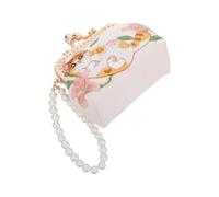 NUOBESTY Bourse Chinoise Brodée Chat et Fleur Fermoir Double | Brocart Polyester, Perles Factices et Métal, Rangement pour Pièces, Clés ou Petits Objets, Femmes