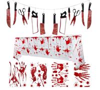 NUOBESTY Décorations Horribles Halloween en Pvc Nappe Ensanglantée et Autocollant Mural Main Sanglante, Décor Créatif et Effrayant pour Bar et Porte