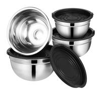 NUOBESTY Ensemble 4 Bols à Mélanger en Acier Inoxydable 14-20 Cm avec Couvercles Noirs, Fond Antidérapant, Empilables, pour Pâtisserie, la Cuisine et Préparation des Aliments, Ustensiles