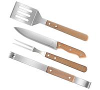NUOBESTY Ensemble Barbecue 4 Pièces Ustensiles Inoxydable Manches Bois de Hêtre Fourchette à Griller Spatule Coupe-grill Pince Multifonction pour Barbecue Extérieur Camping